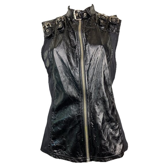 L Vintage lip Service Distress Black Tank Mesh Panel Buckle Shoulders Goth Biker - Picture 1 of 7